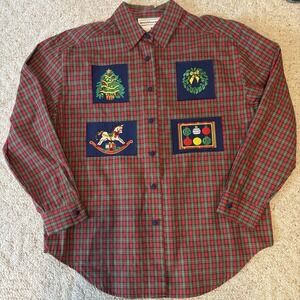 Westbound PETITES 10P Plaid Button-Down Shirt Christmas Holiday Embroidered